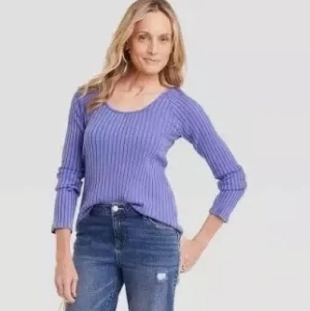 Knox Rose Blue Purple Ribbed Lettuce Hem Top Size Medium New